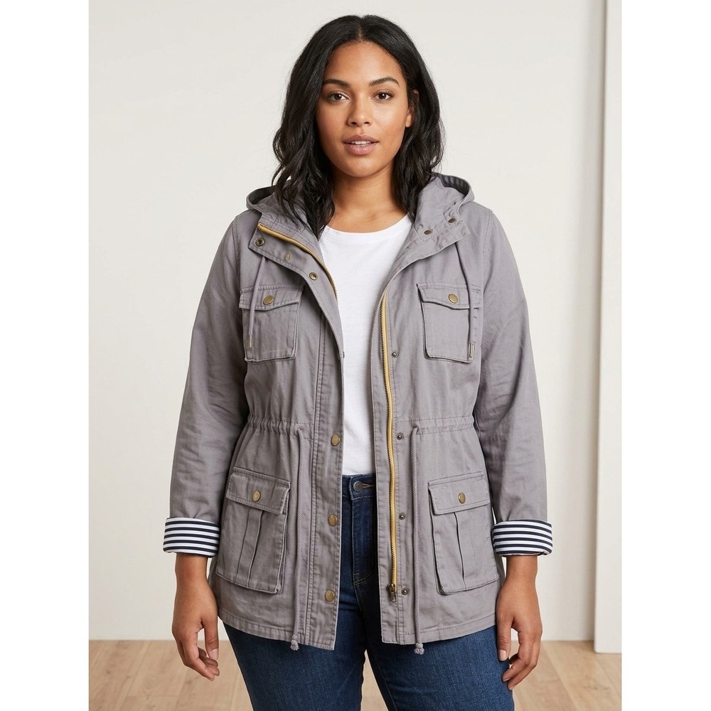 41 Hawthorn Cargo Field Utility Jacket XL Grey Gold Accent Zip Hooded Lined Womn